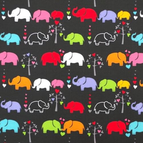 1 yard Polyester/PVC coated Waterproof Fabric for bag, handmaking, Elephant, heart and tree (black background) (width=140cm)