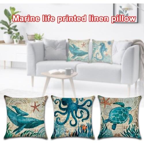 45*45cm Marine Life Theme Seahorse Print Cushion Cover Linen Waist Throw Pillow For Home Sofa Office Car Decoration can