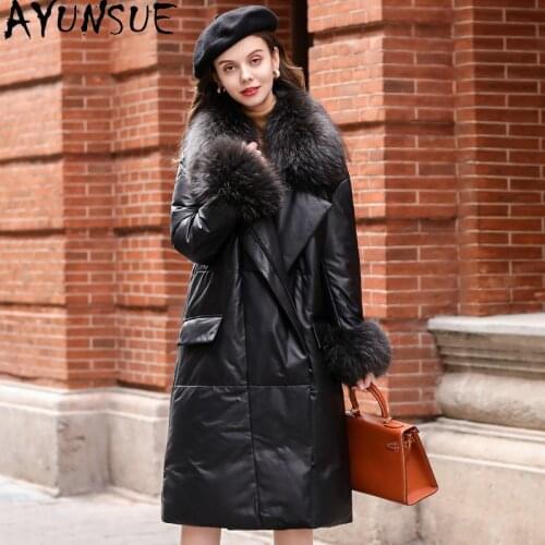 AYUNSUE Womens Leather Jacket 100% Sheepskin Coat Female Warm White Duck Down Parkas Woman Raccoon Dog Fur Collar Femme Veste 7