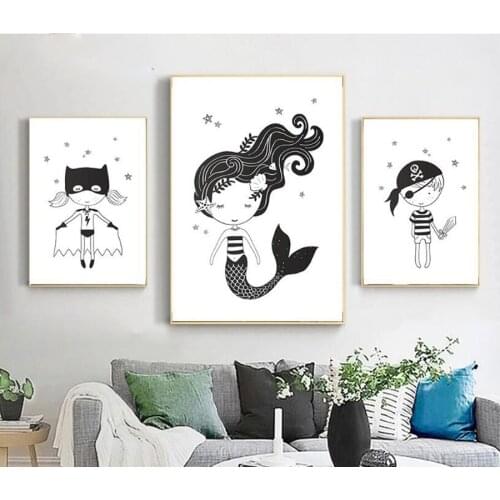 No Frame Nordic Canvas Poster and Prints Childrens Room Black and White Cartoon Character Painting Wall Art Decoration Picture