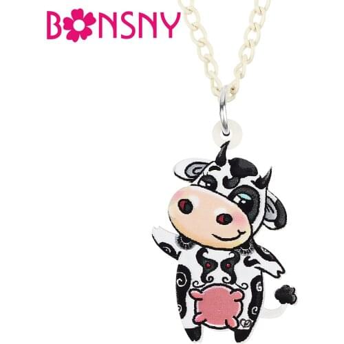 BONSNY Acrylic Milk Dairy Cow Cattle Necklace Pendant Fashion Long Chain Novelty Cartoon Gifts Party Jewelry For Women Girls