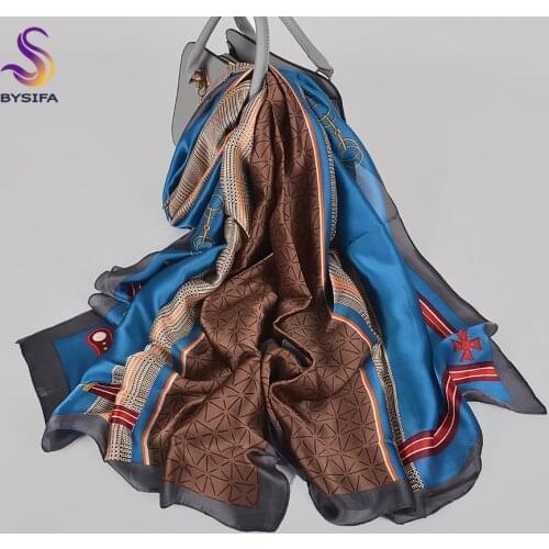 [BYSIFA] Blue Coffee 100% Silk Feeling Scarves Fashion Women New Chain Plaid Design Long Scarf Shawl Fall Winter Ladies Scarves