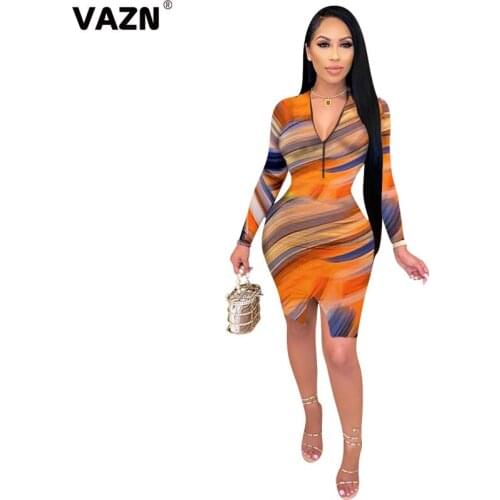 VAZN 2020 Hot Parity Plus Size Sexy Soft Elastic Retro Sweet Style Deep V-Neck Full Sleeve Women High Waist Thin Mini Dress