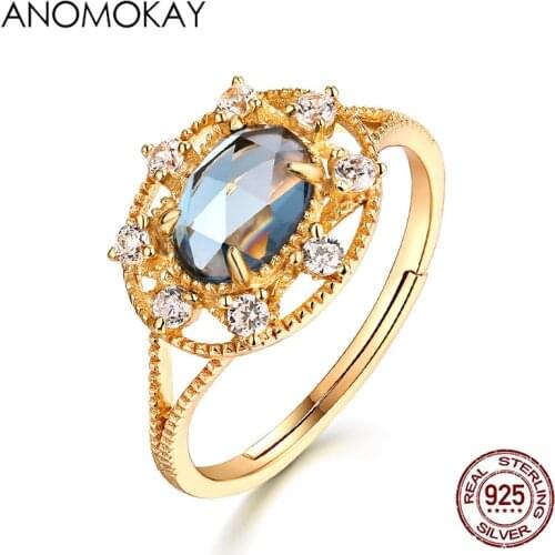 Anomokay Oval Blue Topaz Gold Color Ring European American Trendy 925 Sterling Silver Retro Palace Resizable Ring for Women Gift