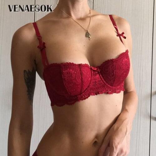 2021 New Red Half Cup Bra Set Plus Size C D Cup Sexy Women Underwear Cotton White Lace Bras Embroidery Lingerie Black