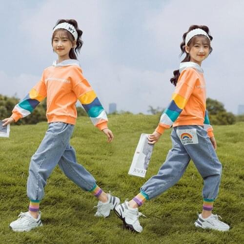 Teen Girl Spring Autumn Sets 2021 Children Fashion Letter Contrast Hoodie Sweater+Rainbow Jeans Clothing Sets Child Clothes Girl
