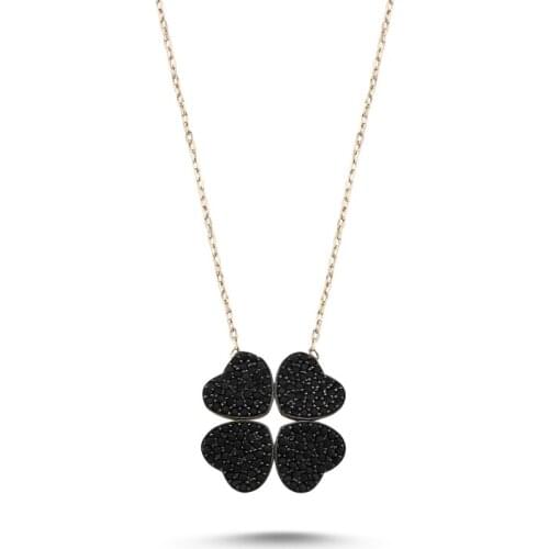KUTAYDAN Black Zircon Cubic Zirconia Clover Necklace 925 Sterling Silver