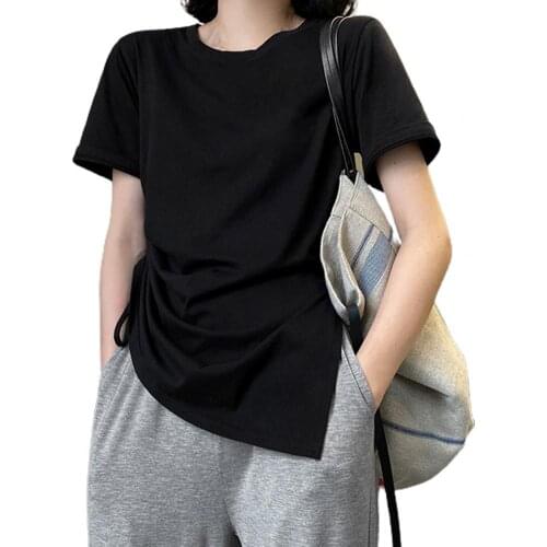 Summer Women Tshirt Casual O Neck Short Sleeve Female Tee Shirt Shirring Side-slit Loose Pullover Solid Color Women T-shirt