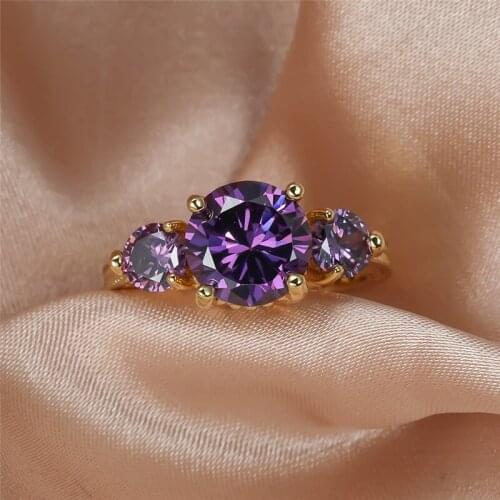 Cute Female Purple Crystal Stone Ring Yellow Gold Color Wedding Rings For Women Vintage Big Bride Round Engagement Ring