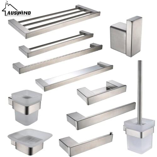 Sus 304 Stainless Steel Bathroom Accessories Set Brushed Silver Toilet Brush Holder Towel Bar Soap Dishes Bathroom Hardware Set