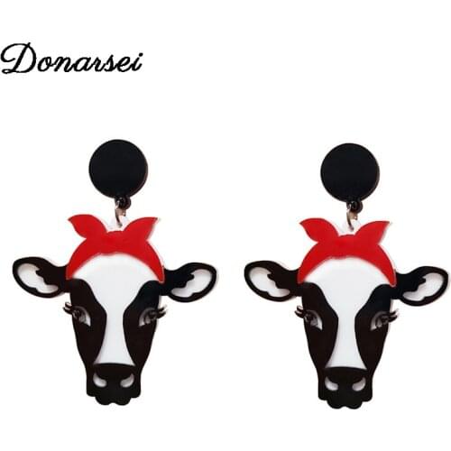 Donarsei 2020 New Cute Animal Milk Cow Acrylic Earrings For Women Funny Cartoon Black White Cow Drop Dangle Earrings Gift