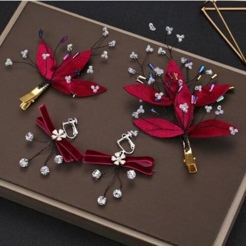 New Bridal Red Leaf Hairpins For Women Chineses Female Hair Clip Wedding Hair Accessories Hair Pins Head Piece with earrings