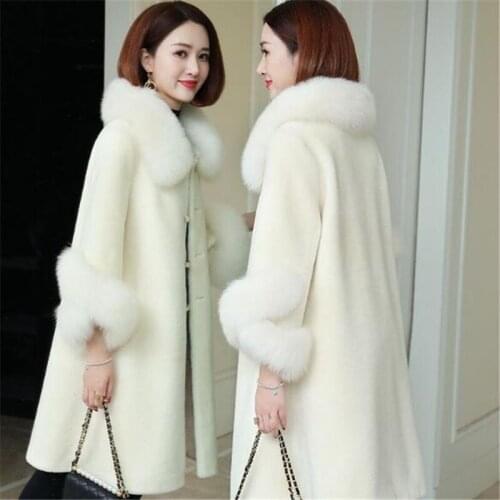 New Fashion Imitation Fur Fur Collar Women Coat Wihite Mid-length Faux Lamb Fur Coat Elegant Noble Lady Coat Winter Clothing