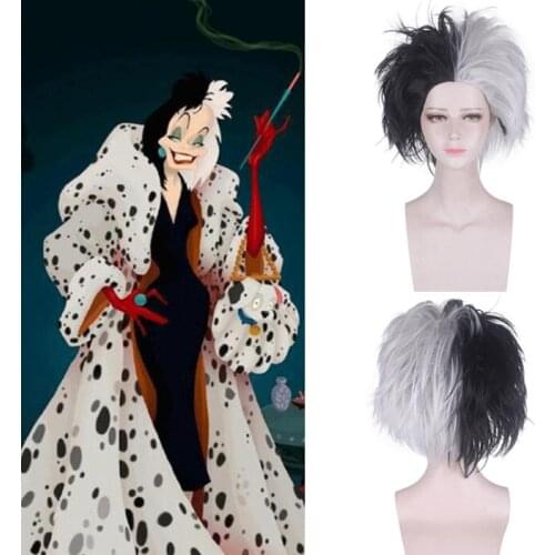 30CM Cruella De Vil Deville Short Wig Cosplay Costume Heat Resistant Synthetic Hair Men Women Afro Wigs