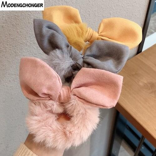 Solid Color Hair Scrunchies Women Hairband Ponytail Holder Faux Fur Rabbit Ears Hair Rope Hair Ties Cute Girls Hair Accessories