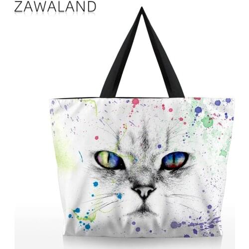 Zawaland Women Canvas Handbag White Cat Print Shoulder Bag Students Zipper Top Handle Bag Casual Shopping Travel Tote for Girls