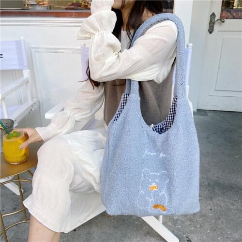 Soft Plush Women Shoulder Vest Bag Student Girls Embroidery Bear Shopping Bag Faux Lamb Wool Female Purse Handbag Casual Tote