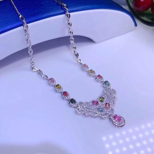 KJJEAXCMY boutique jewelry 925 sterling silver inlaid Natural Tourmaline pendant female necklace chain support detection