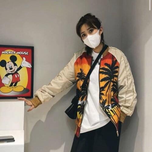 Jacket Women Coconut Printed Baseball Uniform 2021 Autumn New Korean Retro Couple Coats Women All-match Hip-hop Casual Jackets