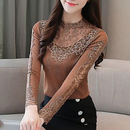 Women Blouse Womens Turtleneck Lace Autumn Winter Long Sleeve Mesh Top T-shirt Blusas Ropa De Mujer