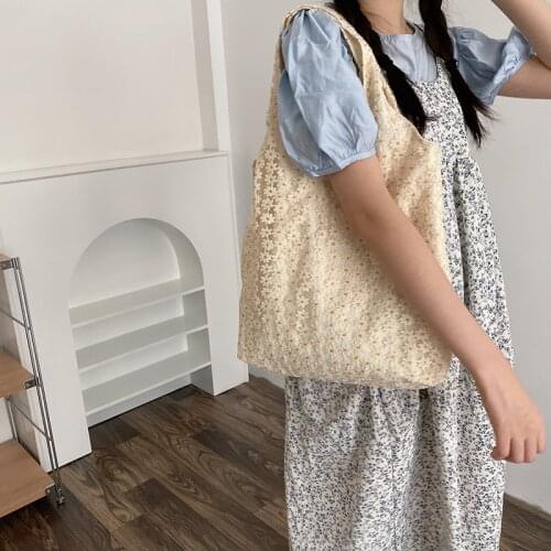 Silk Mesh Women Canvas Shoulder Bag Embroidery Flowers Coth Handbag Casual Tote Students Books Bag Eco Shopping Bags For Girls