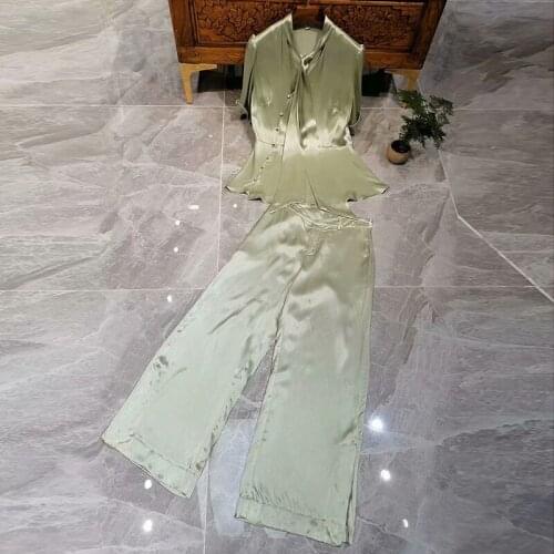 Newest HIGH QUALITY Fashion 2021 Designer Runway Suit Set Womens Short Sleeve Satin Blouse Shirt Pants Set