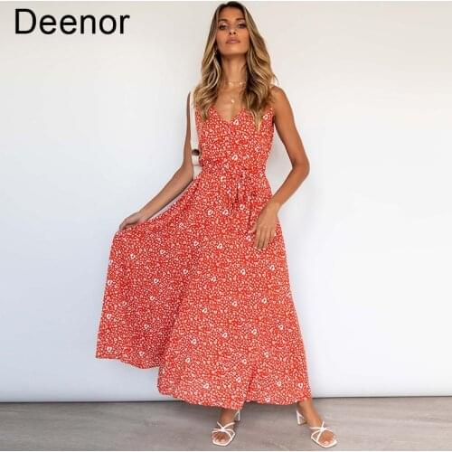 Deenor Summer Dress Sexy V-neck Print Floral Beach Dress Sleeveless Holiday Vestido Long Dress Boho Trim Women Dress