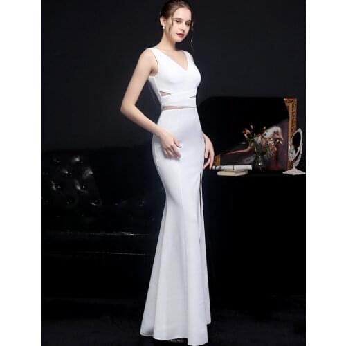 2021 New Women Elegant V Neck Backless Party Maxi Dress Beads Formal White Evening Dress Fashion and elegance