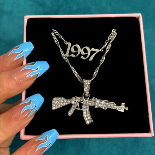Flatfoosie Punk Vintage 1997 Years Pendant Necklace for Women Crystal AK47 Gun Multilayer Twisted Chain Necklaces Jewelry Gifts