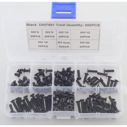 200pcs M3 mm flat head countersunk head black grade 10.9 Alloy Steel Hex Socket Head Cap Screw DIN7991 Screws