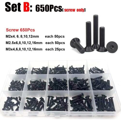 400/650/1060Pcs M2 M2.5 M3 M4 M5 Black 10.9 Steel Hex Socket Countersunk Head Screw Set Bolts and Nuts Washers Assortment Kit
