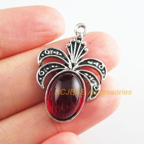 6 New Oval Crown Charms Red Glaze Flower Pendants Tibetan Silver Tone 22x32mm