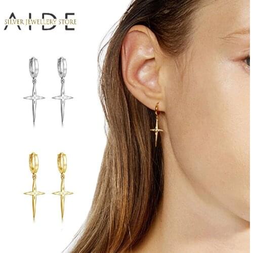 AIDE 925 Sterling Silver Cross Hoop Earrings For Women Punk Geometric INS Star Piercing Huggie Earings Fine Jewelry kolczyki