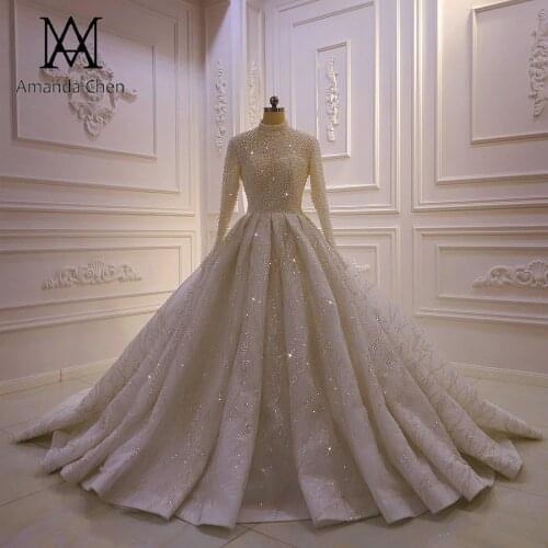 Arabic Islamic High Neck Long Sleeve Pearls Luxury Wedding dress for Muslim