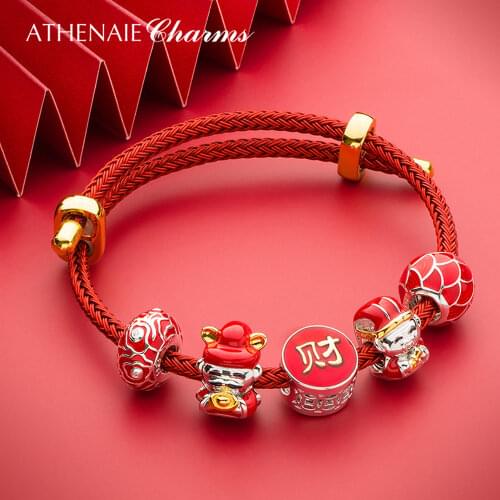 ATHENAIE 925 Sterling Silver Red Enamel Lucky Win Promotion Chinese Fortune God Dangle Charm Bracelet
