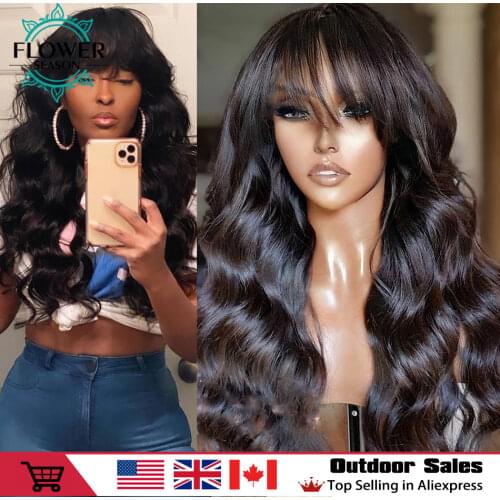 Brazilian Human Hair Wigs with Bangs Scalp Base Top Full Machine Made Wig 180% Body Wave Wigs with Bangs for women Flowerseason