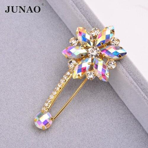 JUNAO 35mm*85mm Crystal AB Glass Rhinestones Flower Brooches Bouquet Corsage Brooch Pin Crystal Applique For Jewelry Decoration