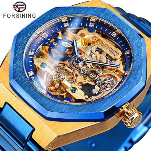 Forsining Luxury Automatic Watches Golden Skeleton Men Mechanical Watch Bule Waterproof Mens Analog Wristwatch Diamond Reloj