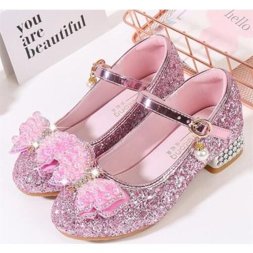 Princess Kids Leather Shoes For Girls Casual Glitter Children High Heel Girls Shoes Sandals Butterfly Knot Blue Pink Silver