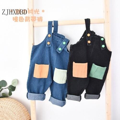 Boys Girls Blue Denim Solid Contrast Color Overalls 2020 Autumn Childrens Clothing Pockets Overalls for Boys and Girls Trousers