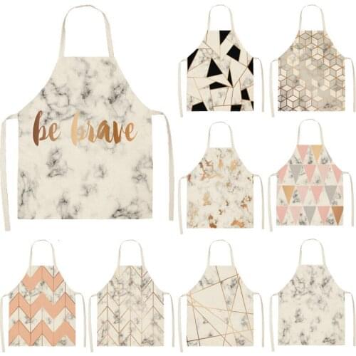 Cotton Linen Kitchen Apron Printed Pinafore Brief Marble Geometric Pattern Women Home Cooking Baking Waist Bib 53*65cm WQL0150