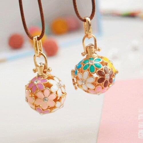 LUBOV Colorful Enamel Daisy Flower Pattern Gold Color Metal Round Ball Pendant Necklace with Plush Ball Women Jewelry