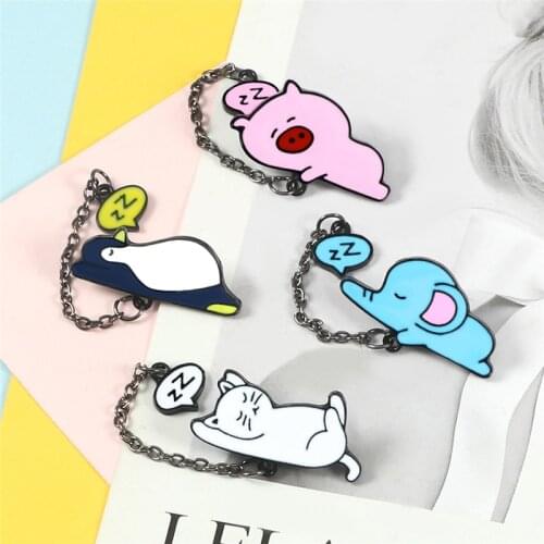 Cartoon Pendant Chain Brooch Lovely Cat Pig Penguin Elephant Animal Enamel Pins Badges Jackets Shirt Lapel Pin Kids Accessories