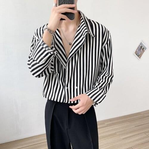 2021 Mens Loose Stripe Printing Lazy Style Coats Long Sleeves Hawaiian Shirts Handsome Lapel Collar Black Color Shirts M-2XL