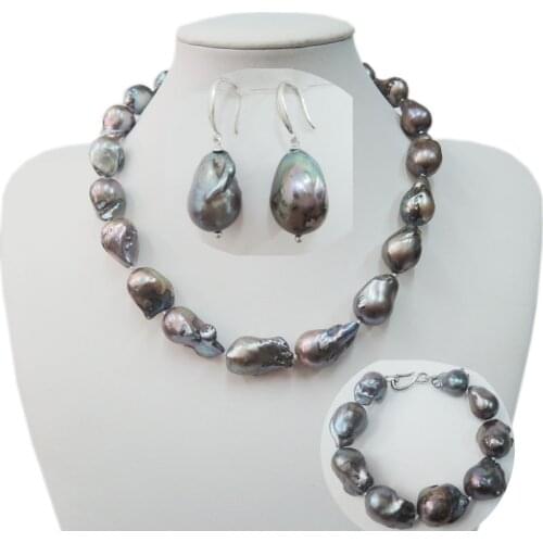 Black PEARL JEWELRY SET NECKLACE,Bracelet and EARRING-925 silver earring hook,100% freshwater pearl,black baroque pearl14-25 mm