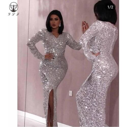 Simple but Elegant V Neck Sequins Bling Bling Side Slit Floor Length Formal Prom Dresses 2019