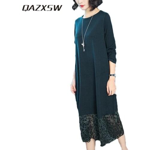 QAZXSW 2019 New Autumn Winter Loose Dress Women Patchwork Printing Dress Plus Size Elegant Ladies Party Lace Dress Vestido HB504