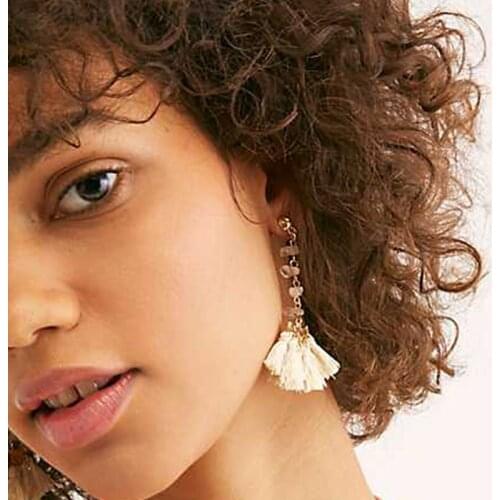 LUNA CHIAO Trendy Fancy Natural Stone Beads Earring Fringed Cotton Tassel Statement Earrings for Women