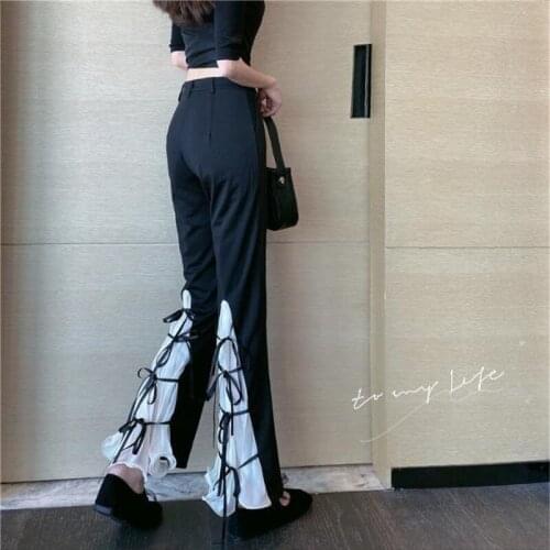 Chiffon Stitching Strap High Waist Casual Pants 2020 New Style Design Bell-bottom Pants All-match Trousers for Women