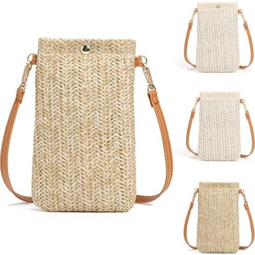 Straw Woven Small Phone Bag Handmade Ladies Shoulder Crossbody Messenger Bags Weaving Summer Beach Female Mini Purse